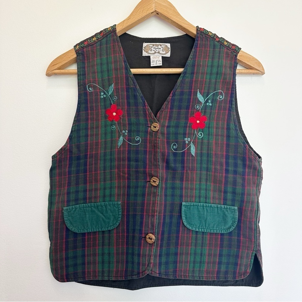 Vintage Plaid Floral Button Up Vest Green Red Blue Flowers Cotton Pockets Small
